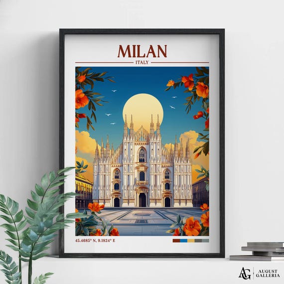 Milan Italy Retro Travel Print Wanderlust Poster Wall Art Framed Canvas Illustration