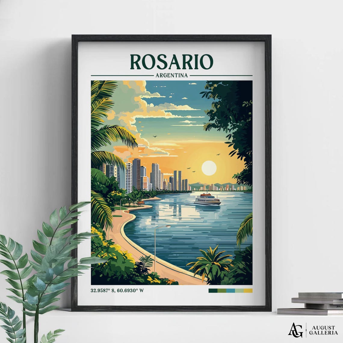 Rosario Argentina Riverfront Skyline At Sunset Retro Travel Poster
