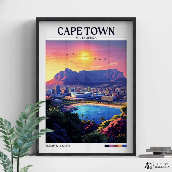 Cape Town South Africa Table Mountain Pink Sunset Travel Poster