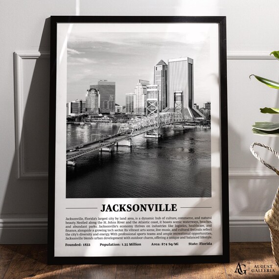 Jacksonville Florida Black and White St Johns River City Poster