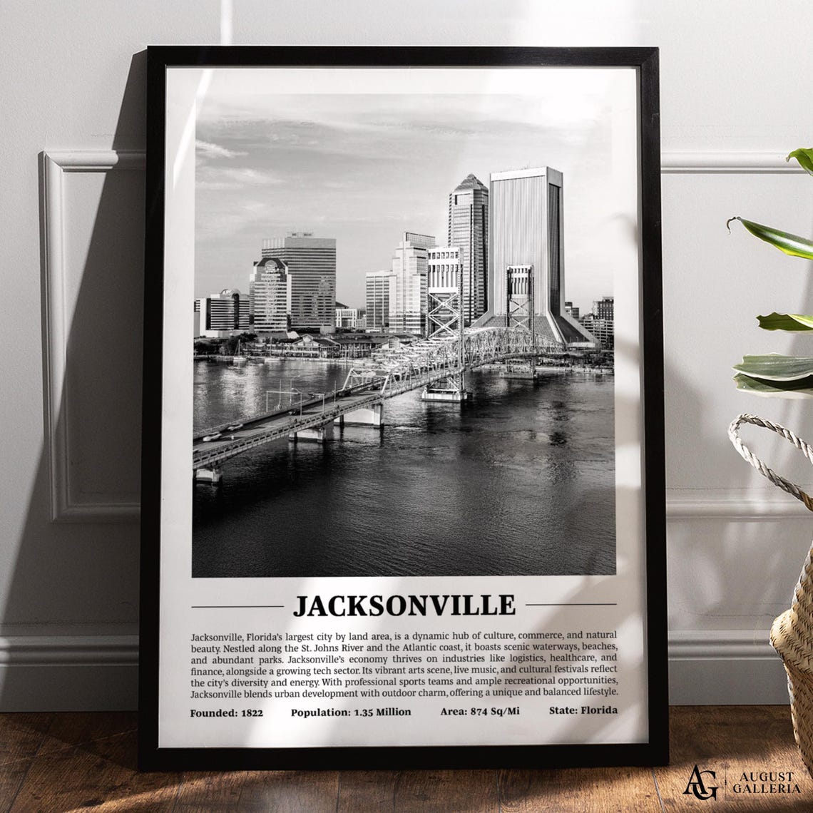 Jacksonville Florida Black and White St Johns River City Poster
