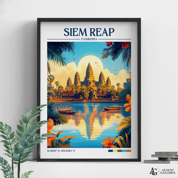 Siem Reap Cambodia Temple Sunrise Reflection Retro Travel Poster