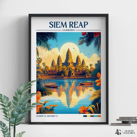 Siem Reap Retro Travel Print Wall Art Framed Canvas Poster Illustration Wanderlust