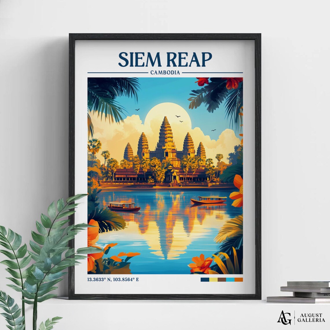 Siem Reap Cambodia Temple Sunrise Reflection Retro Travel Poster