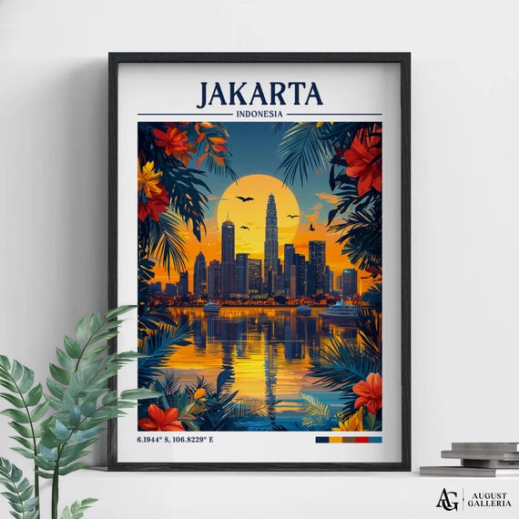 Jakarta Indonesia Retro Travel Print Wanderlust Posters Illustration Wall Art Framed Prints Canvas Poster