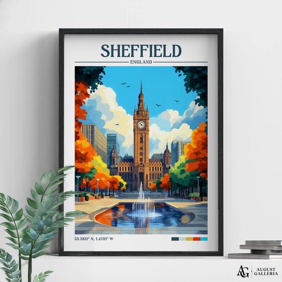 Sheffield England Retro Travel Print Wall Art Framed Canvas Poster Illustration Wanderlust