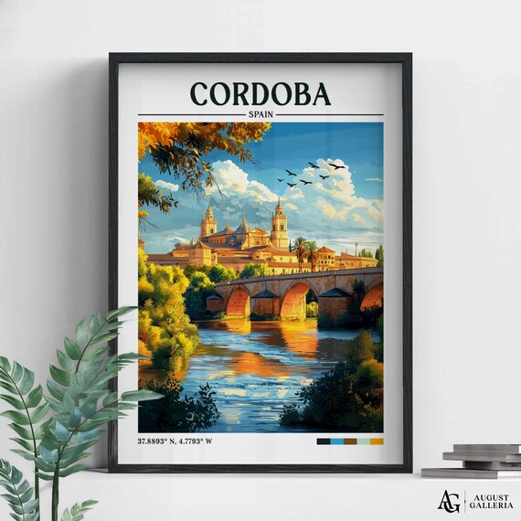 Cordoba Spain Roman Bridge And Old Town Sunset Retro Travel Poster