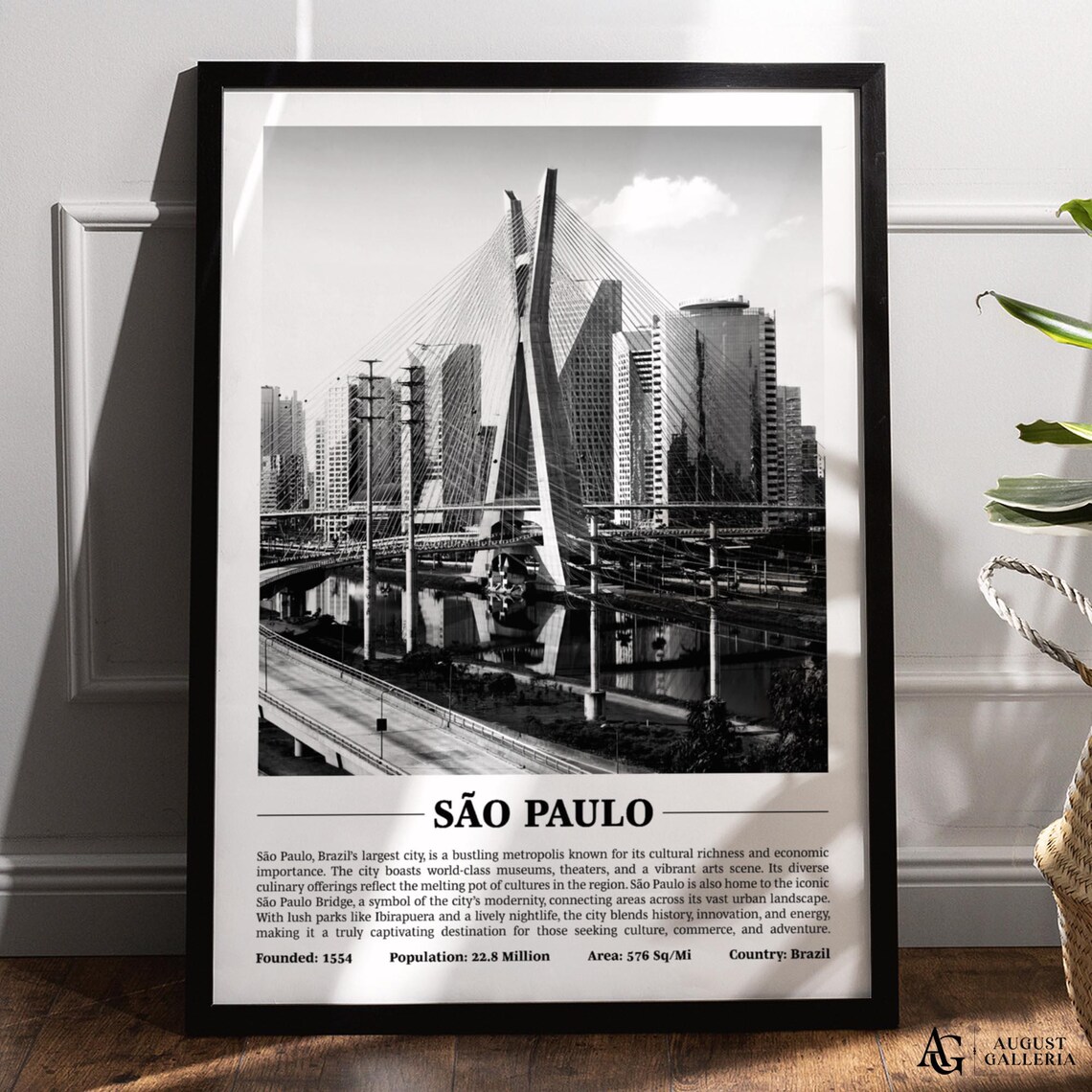 Sao Paulo Ponte Estaiada Cable Stayed Bridge Black White Travel Art Poster