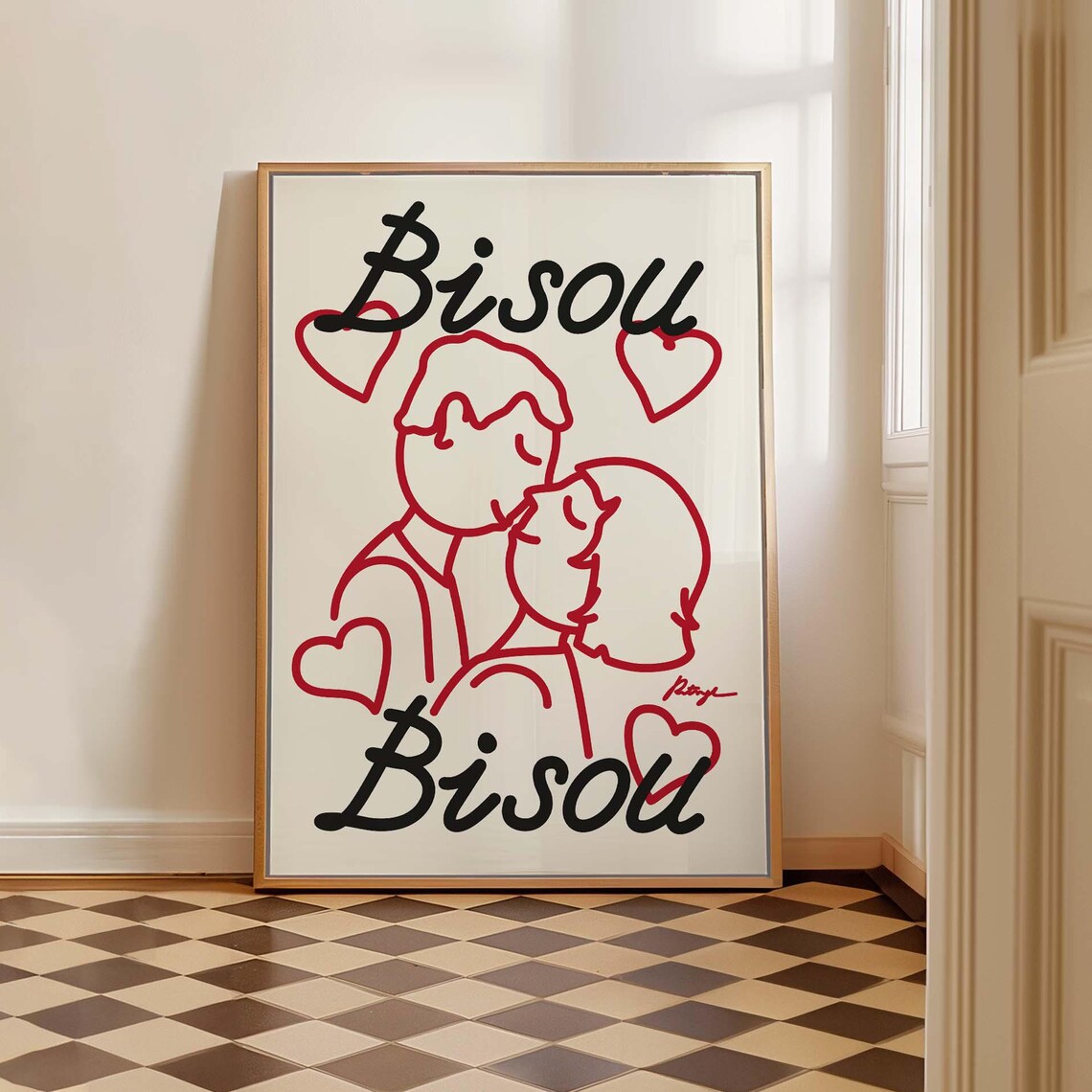Bisou Kissing Couple Hearts Romantic French Typography Poster