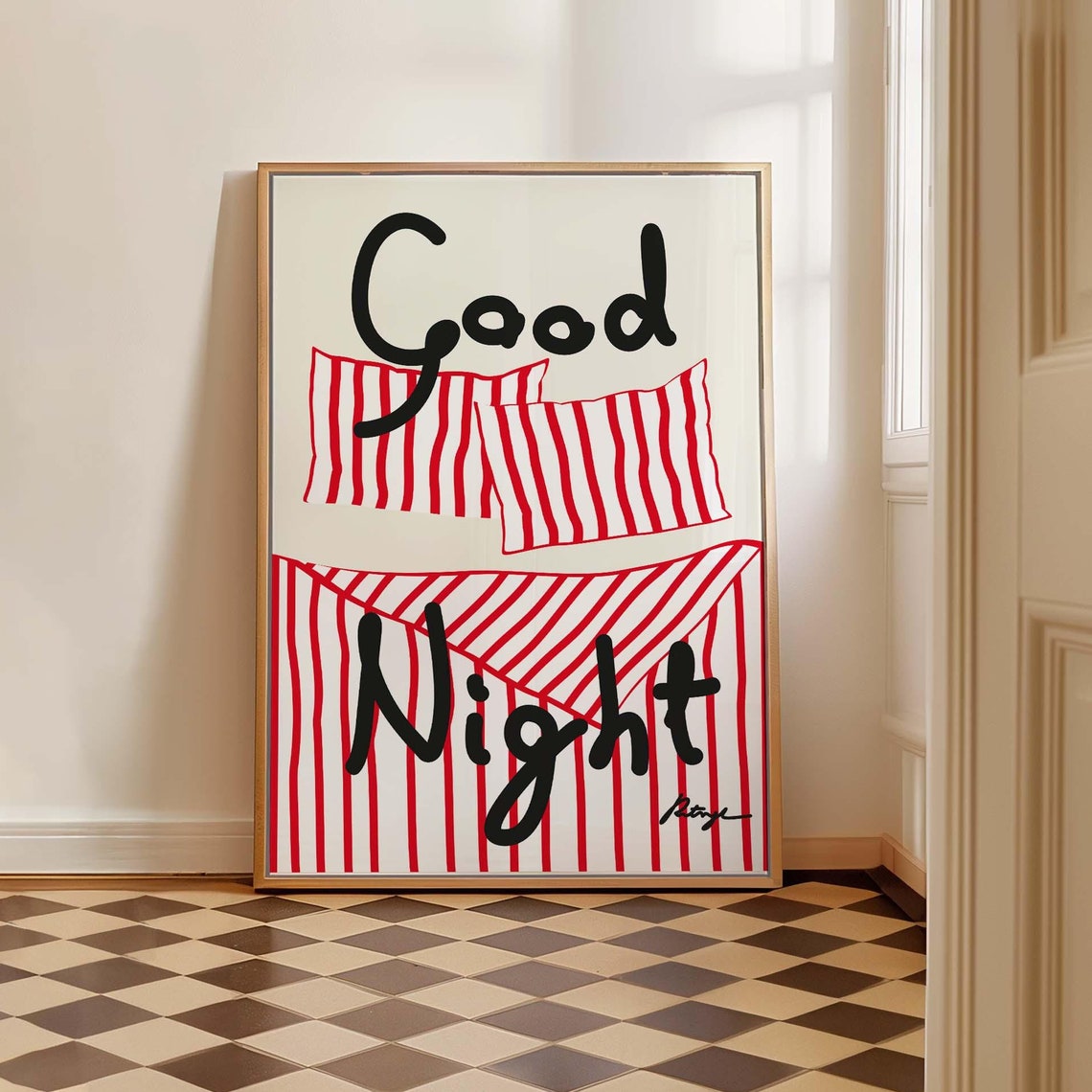 Good Night Hand Drawn Striped Bedding Illustrated Typography Poster