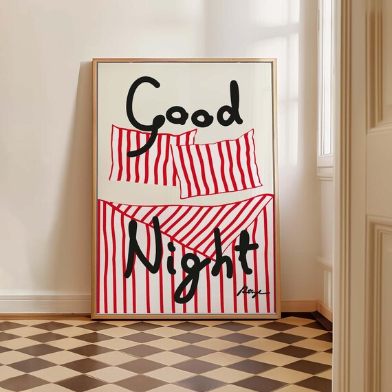 Good Night Hand Drawn Striped Bedding Illustrated Typography Poster