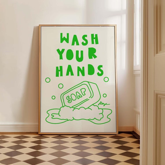 Wash Your Hands Print Cute Bathroom Mid Century Wall Art Trendy Toilet Typography Handdrawn Sketch Housewarming Gift