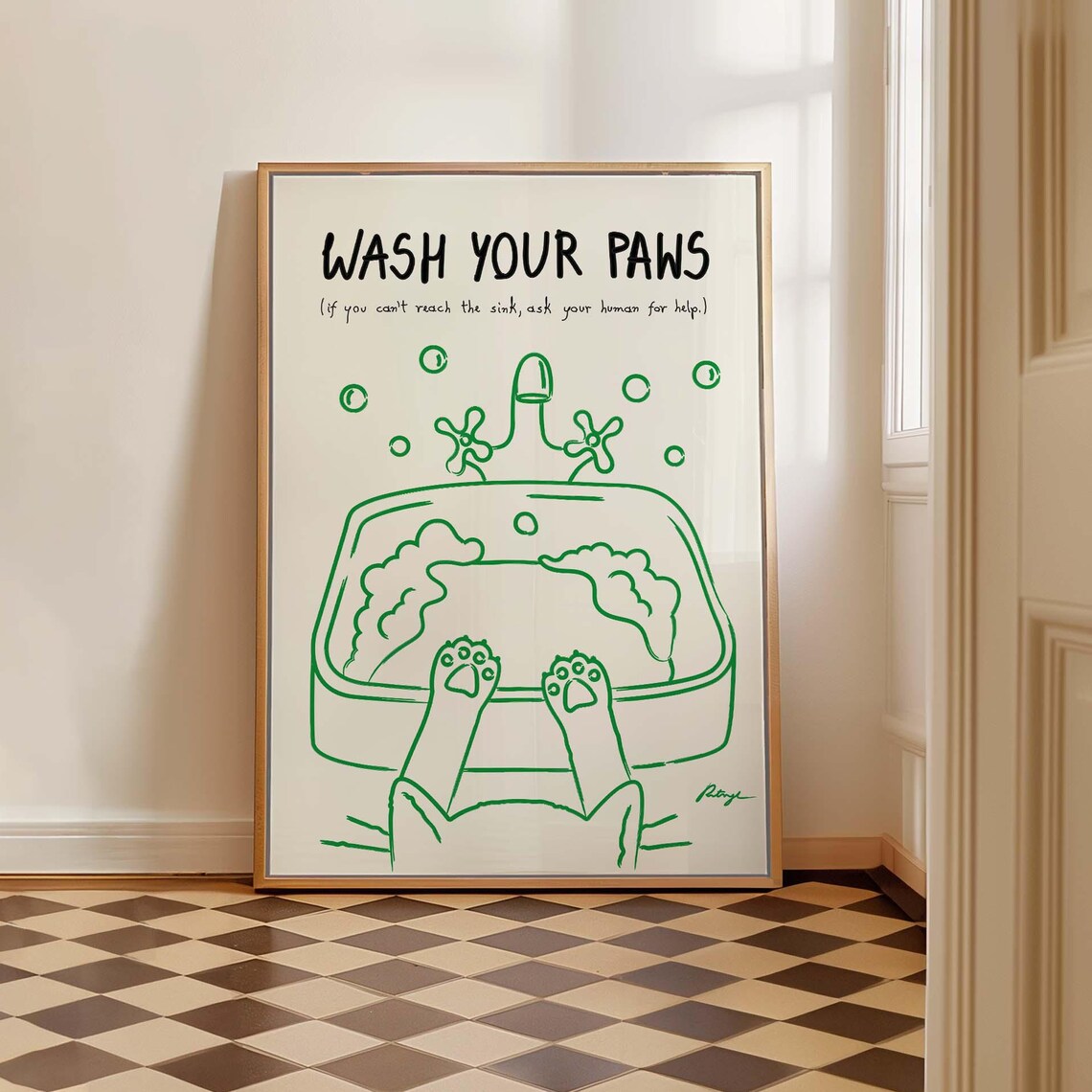 Wash Your Paws Cat Bathroom Funny Art Print