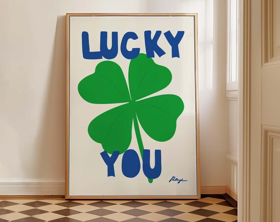Lucky You Green Four-Leaf Clover Playful Typography Art Print