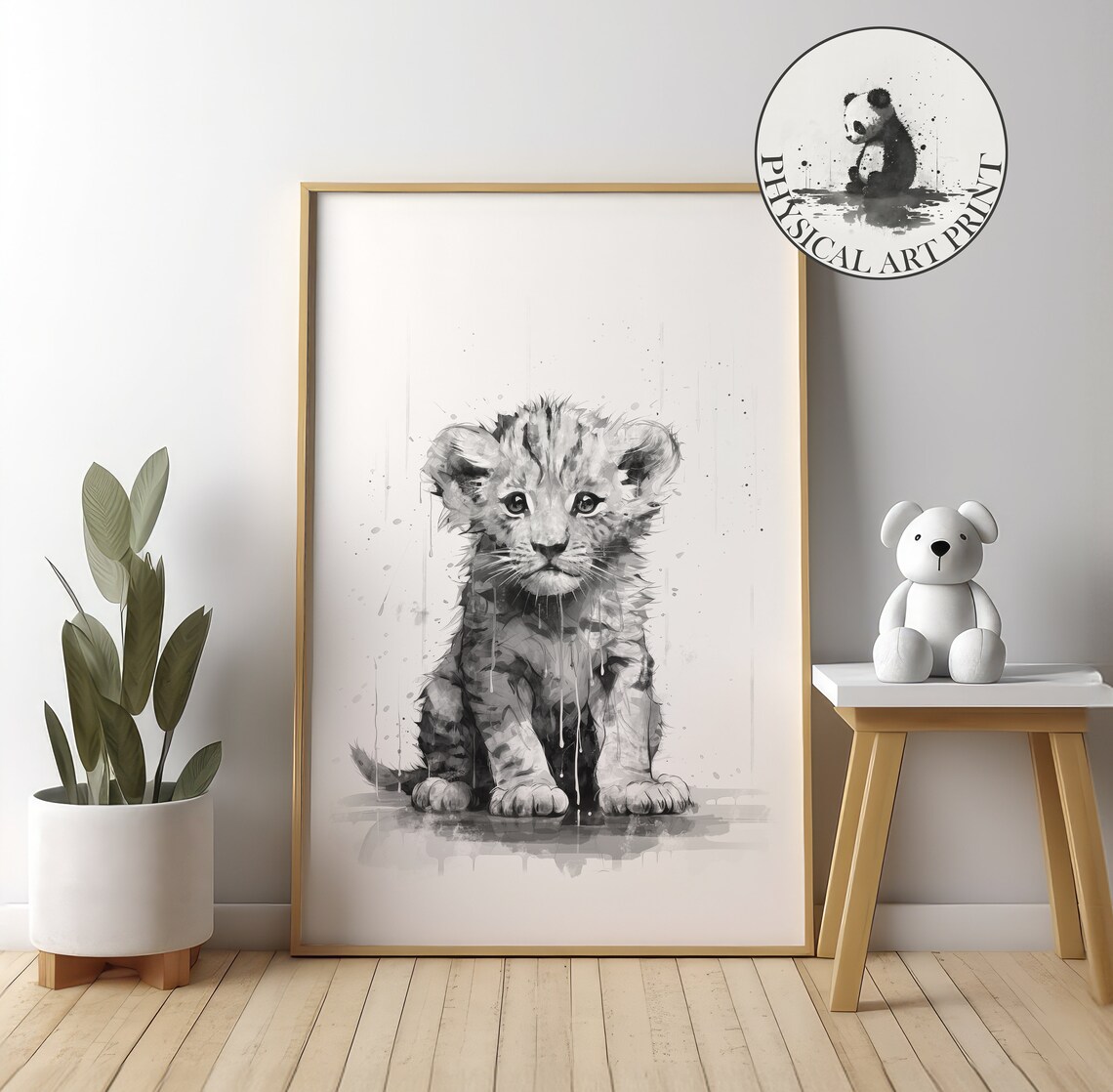 Baby Lion Cub in the Rain Black Watercolor Ink Nursery Poster