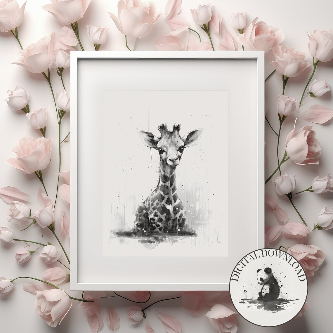 Giraffe In The Rain Cute Illustration Infant Nursary Decor Ink Drawing Art