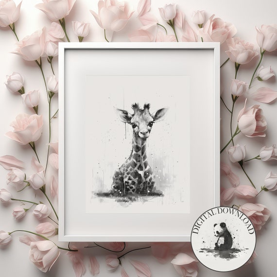 Giraffe In The Rain Cute Illustration Infant Nursary Decor Ink Drawing Art