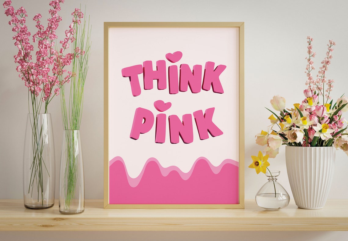 Think Pink Bubble Letters Retro Inspirational Quote Poster Decor - Image 3
