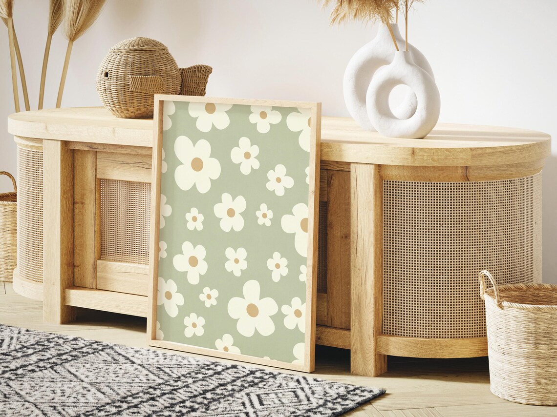 Sage Green Retro Daisy Floral Pattern Nursery Room Wall Print - Image 2