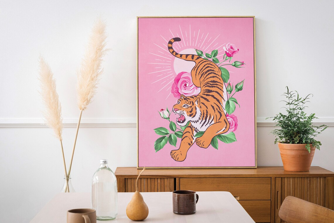 Pink Background Tiger in Roses Bold Floral Preppy Animal Wall Art - Image 3