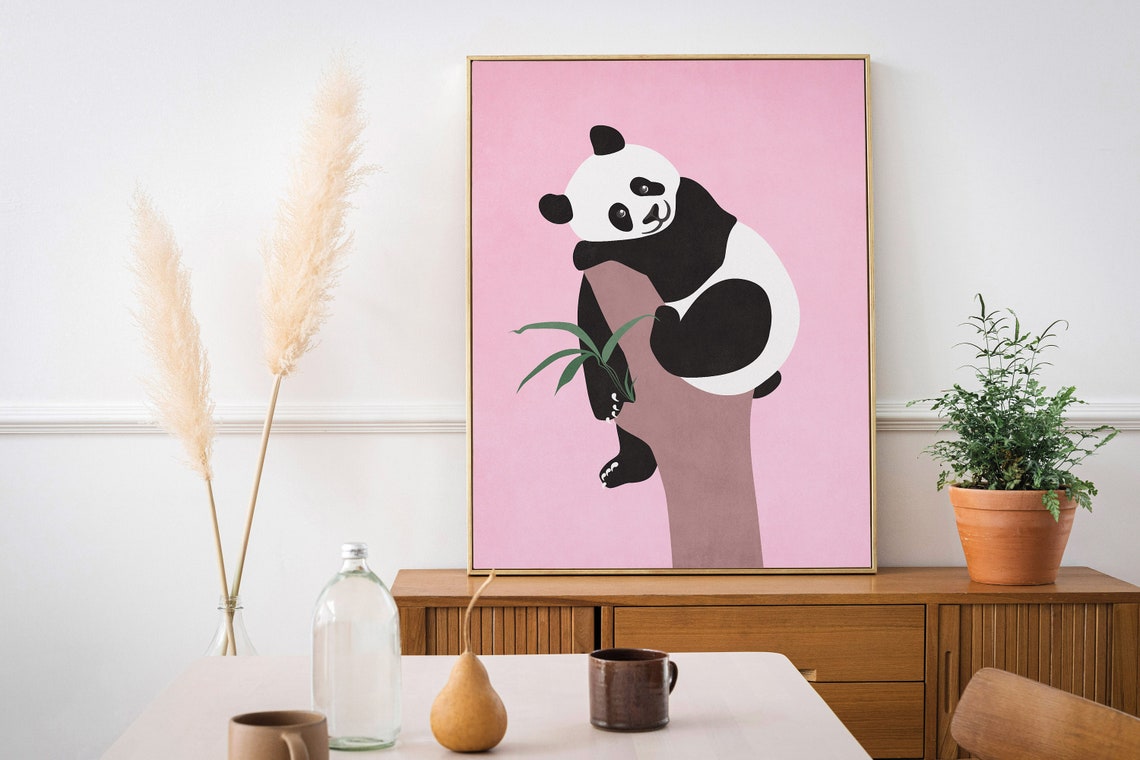 Cute Panda Climbing Tree Poster on Soft Pink Nursery Background Art - Image 3