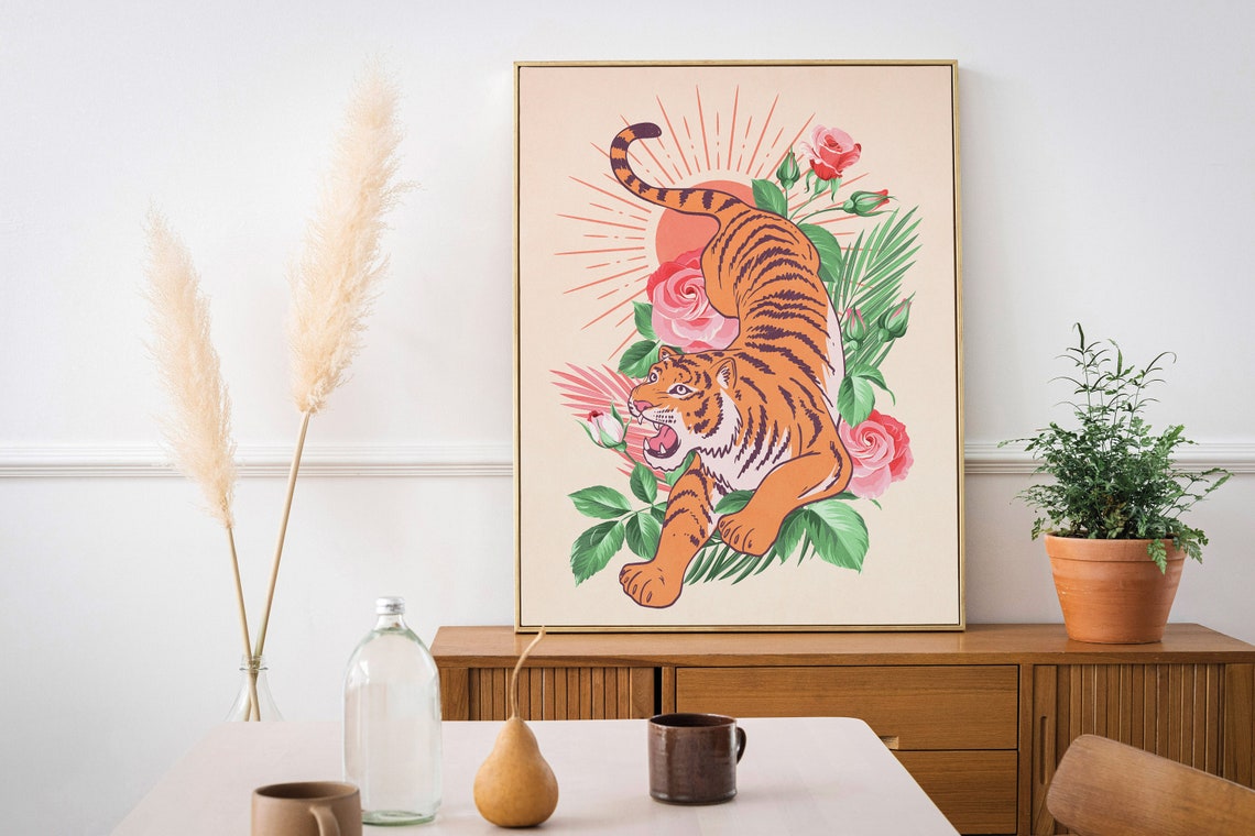 Orange Tiger Among Blooming Roses Boho Tropical Animal Wall Art - Image 3