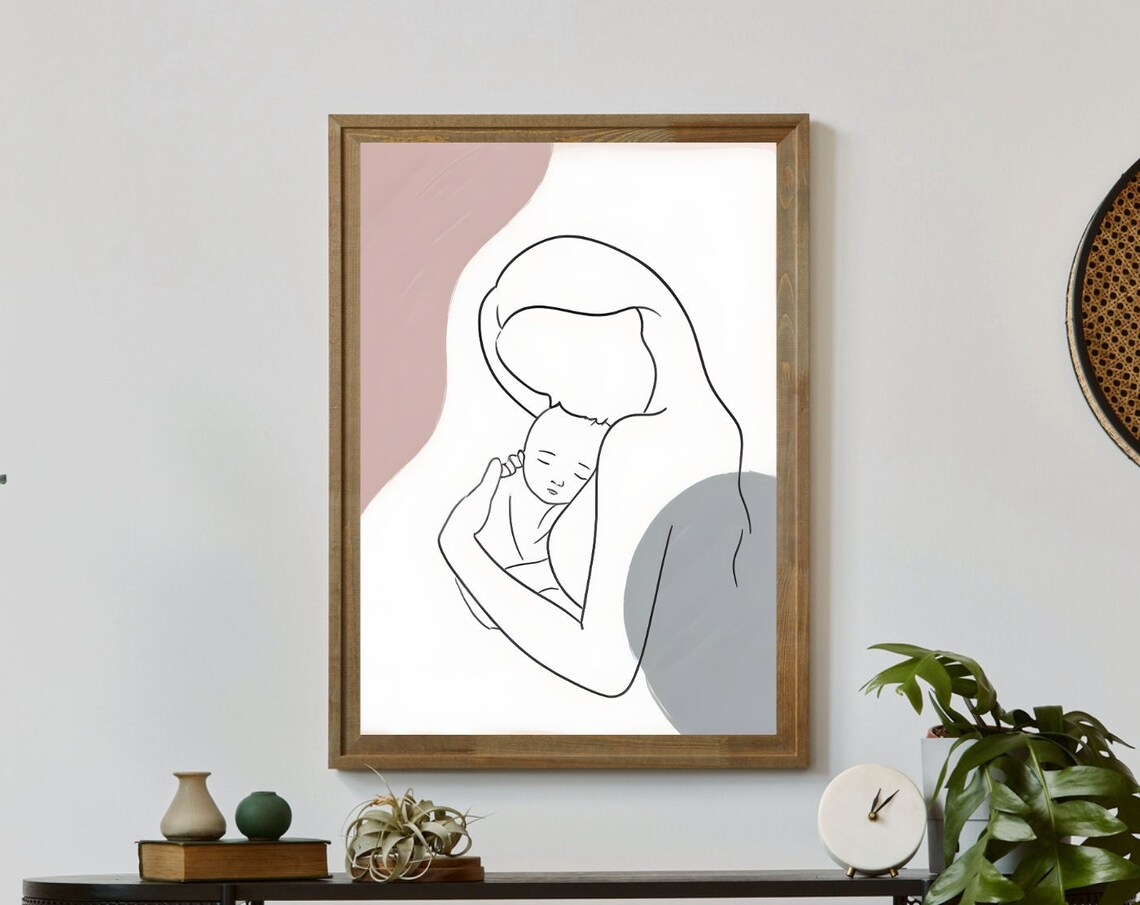 Tender Mother and Baby Minimalist Line Art Nursery Wall Poster