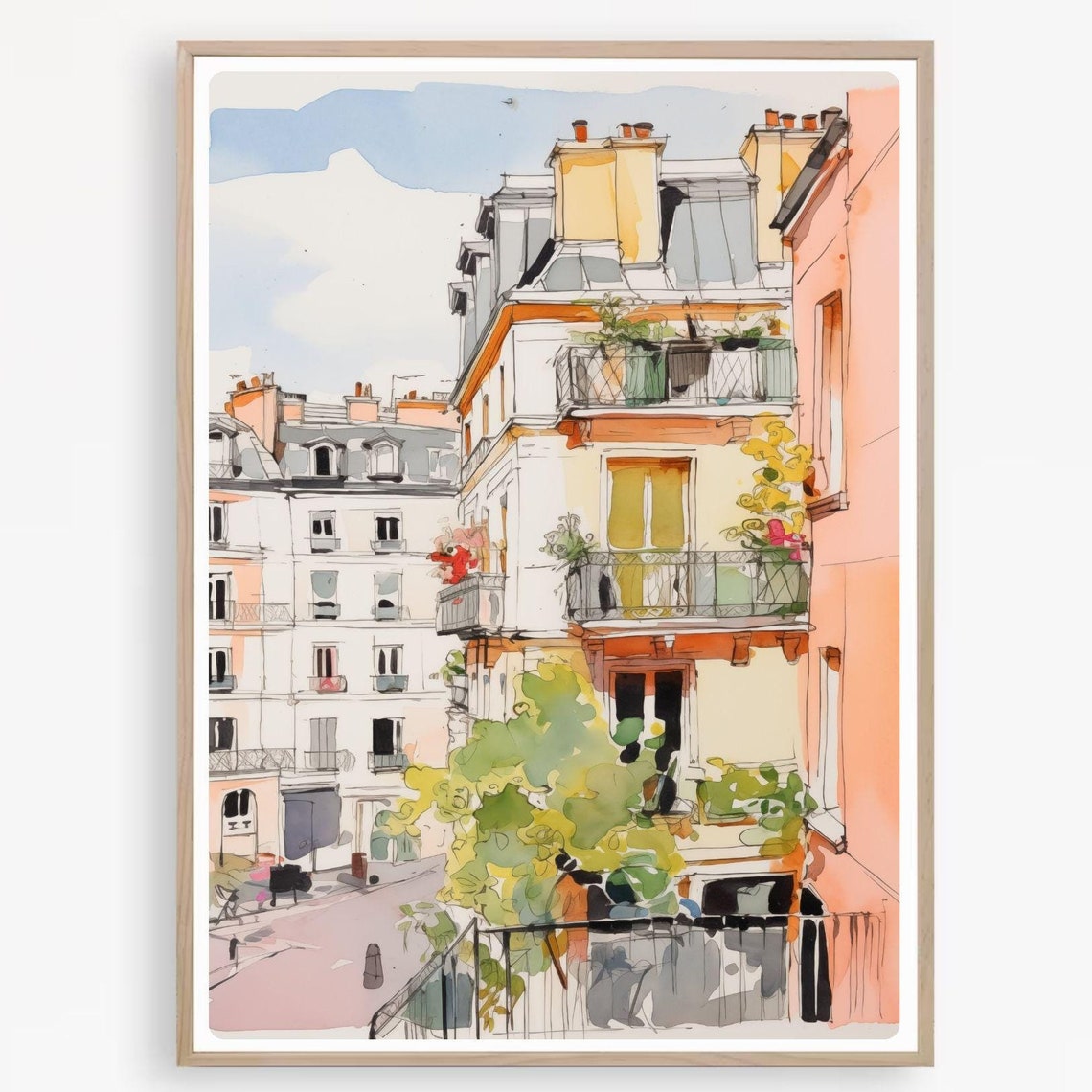 Montmartre Paris Street with Flower Box Balconies Sketch Poster