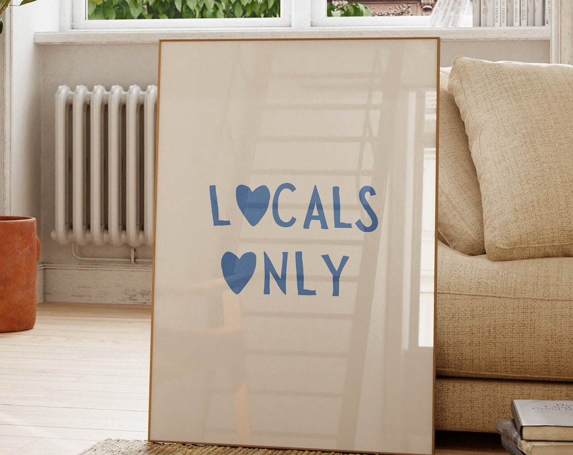 Locals Only Blue Heart Typography Trendy Coastal Surf Wall Poster