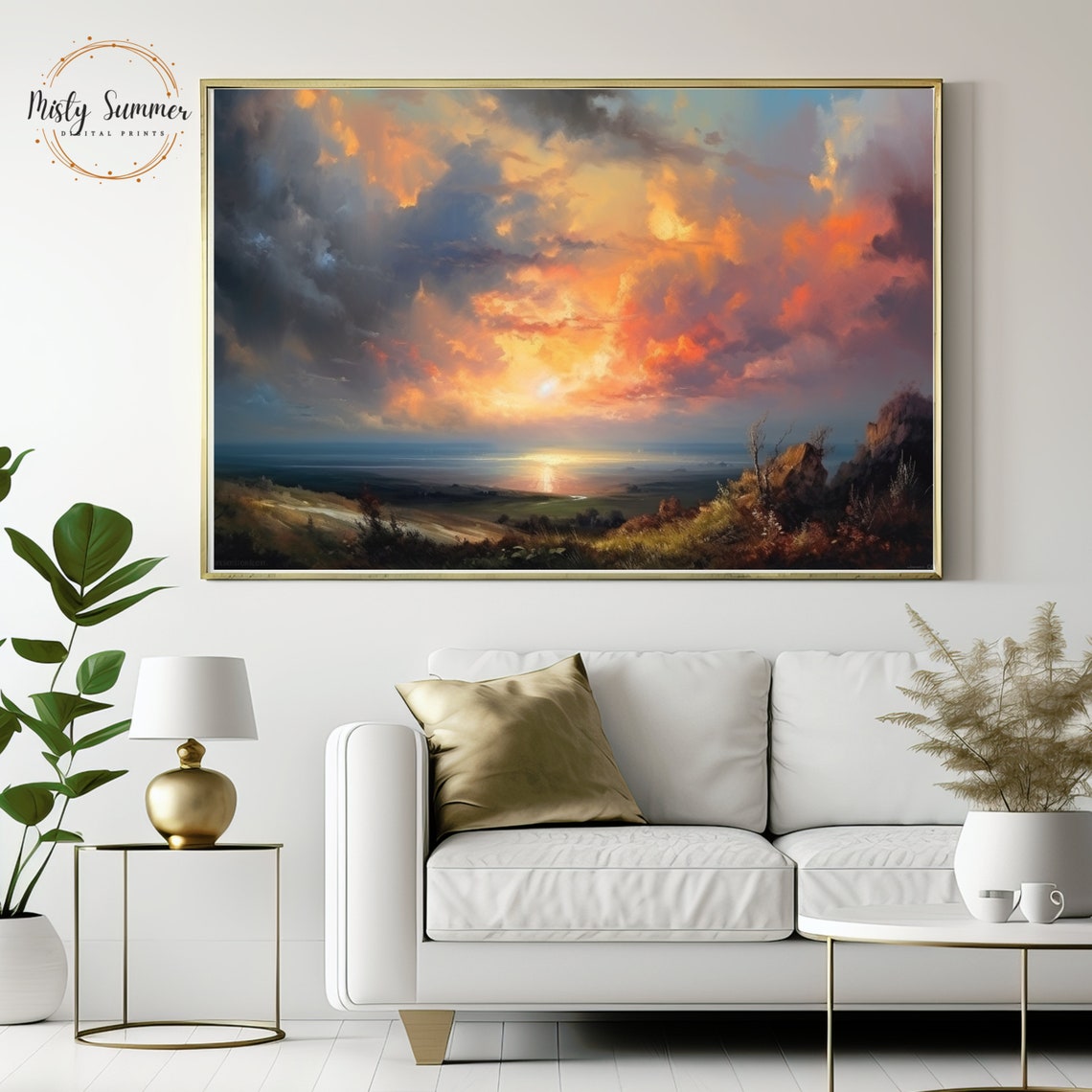 Dramatic Sunset Cloudscape Over Coastal Hills Impressionist Art Print - Image 4