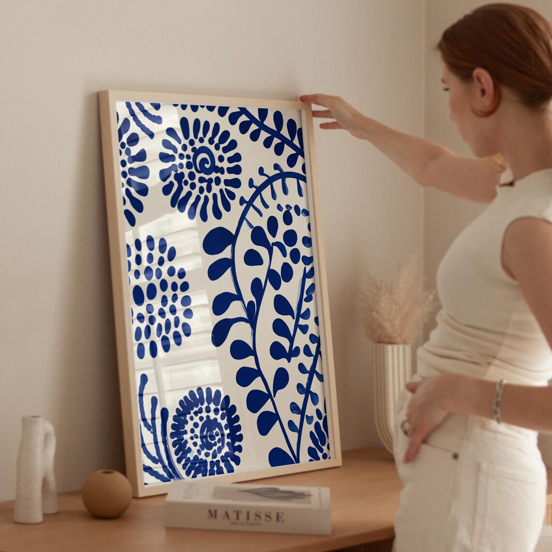 Blue and White Botanical Flowers Vines Matisse Style Art Poster