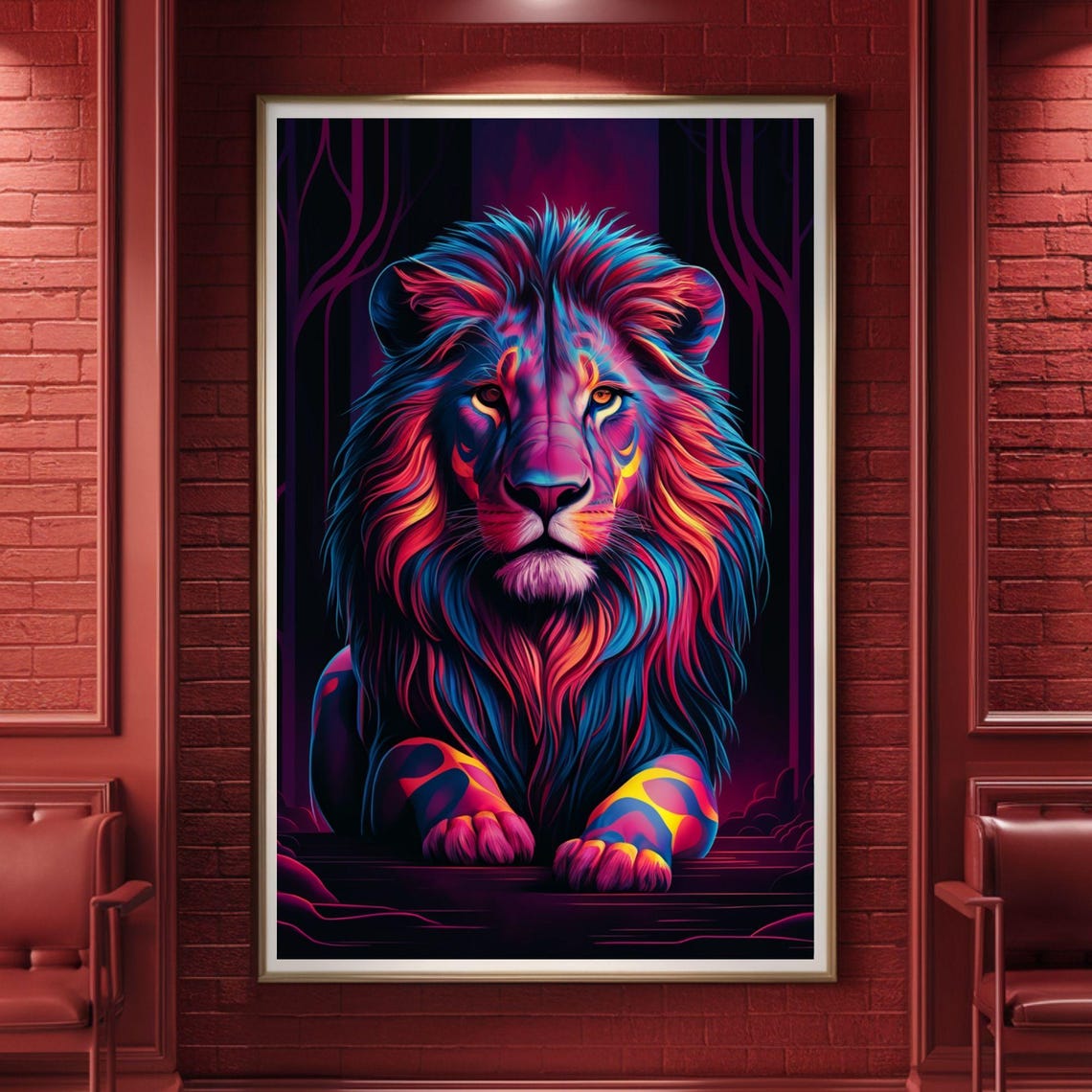 Neon Pink Lion Forest Night Colorful Abstract Wildlife Poster - Image 5