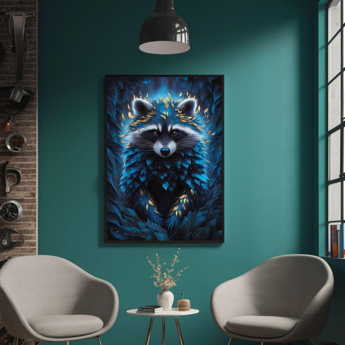 Blue Feather Raccoon Golden Leaves Wildlife Portrait Art Poster - Image 3
