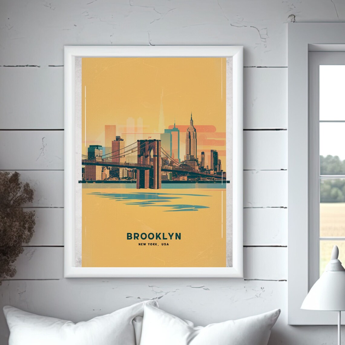 Brooklyn New York Bridge Skyline Golden Vintage Travel Poster