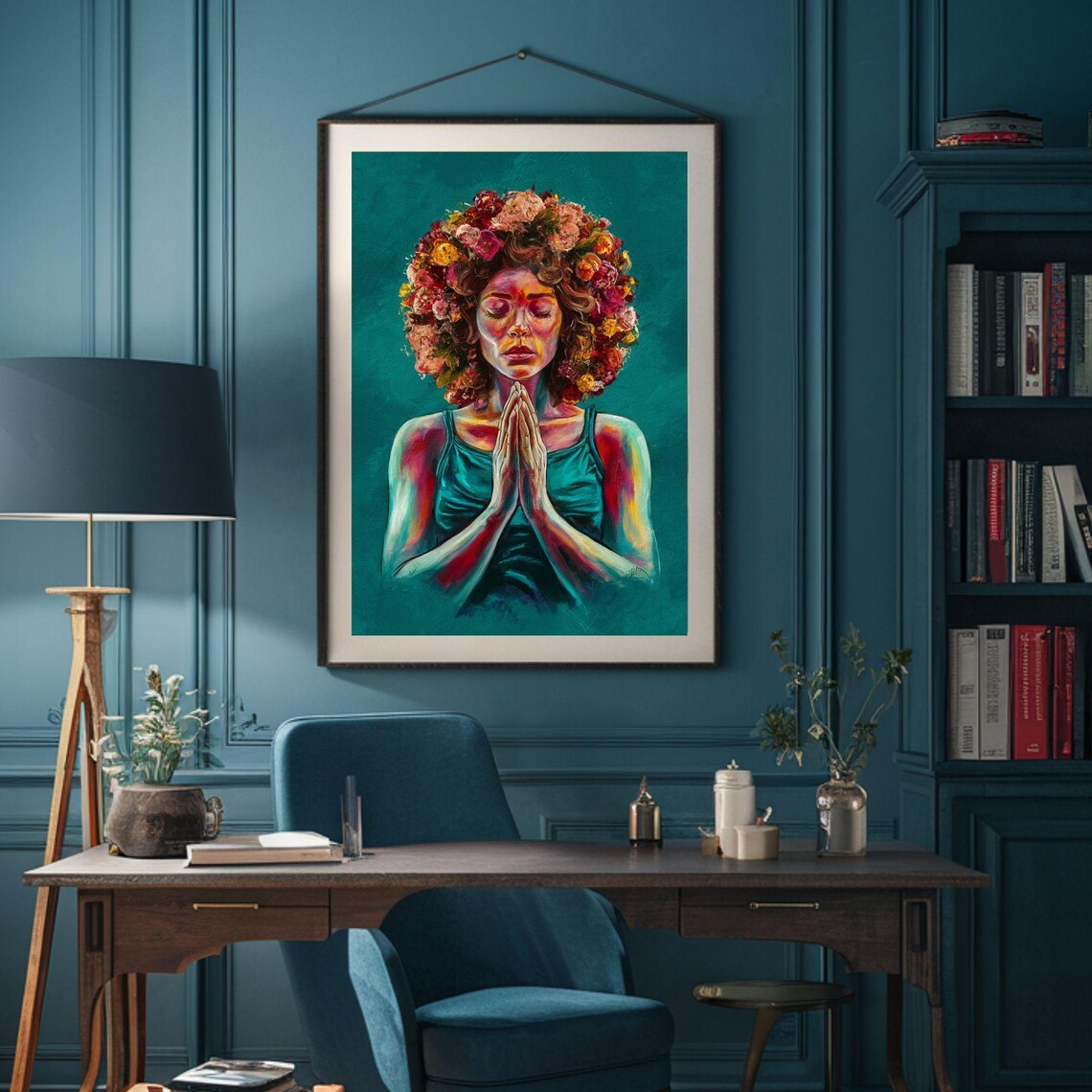 Praying Woman With Floral Halo Portrait Spiritual Meditation Art Poster - Image 2