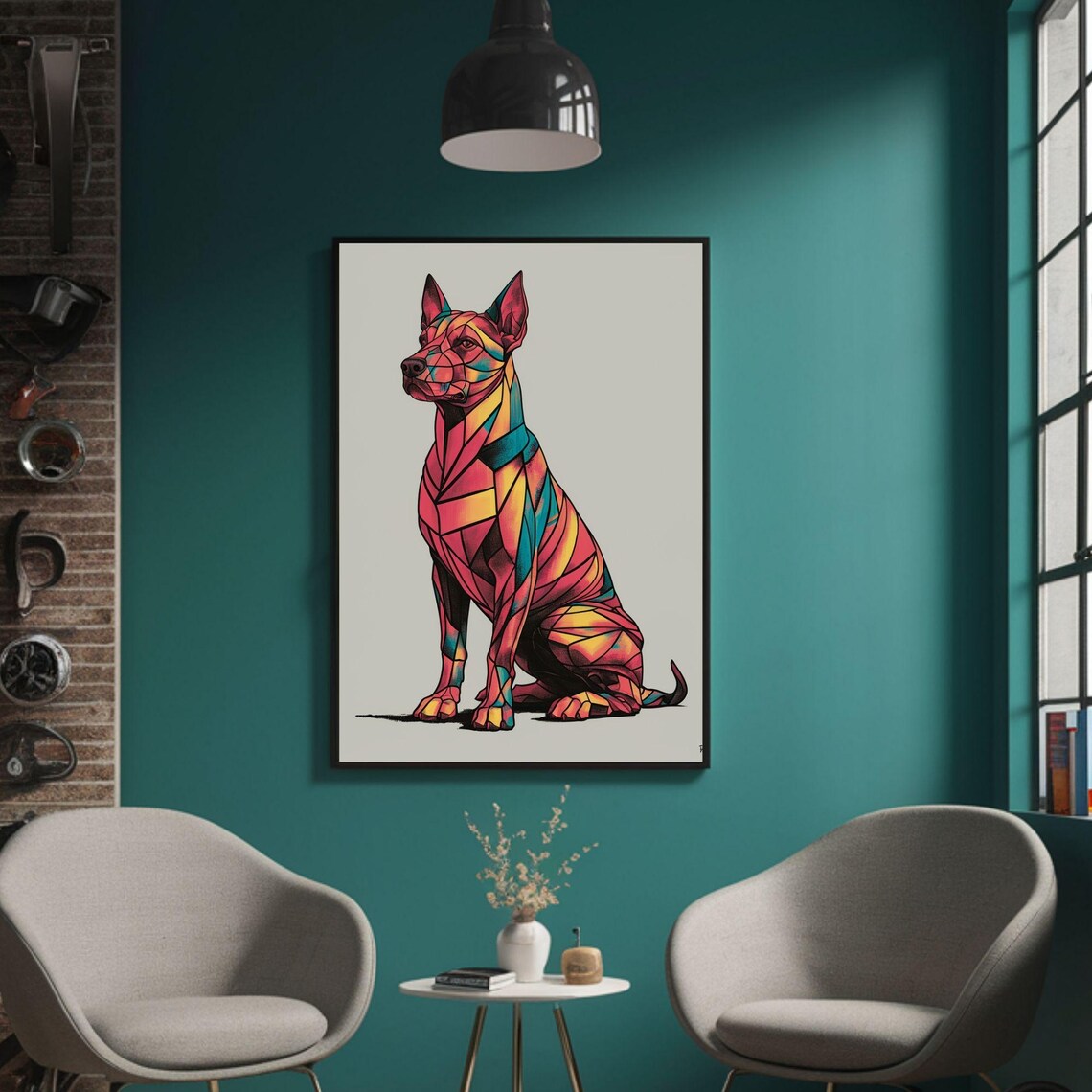 Colorful Faceted Dog Geometric Red and Orange Animal Portrait Poster - Image 3