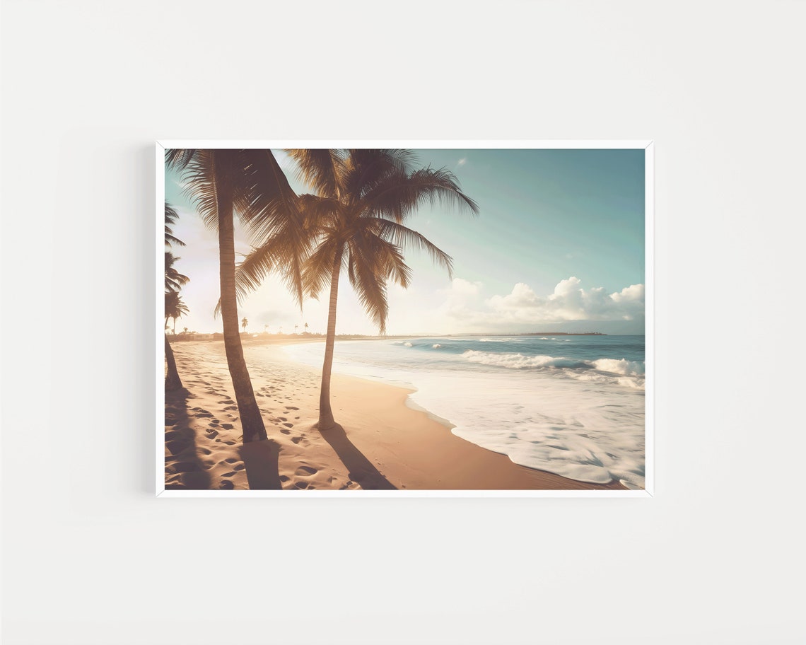 Palm Trees at Golden Sunset Waves on Sandy Beach Tropical Poster - Image 2