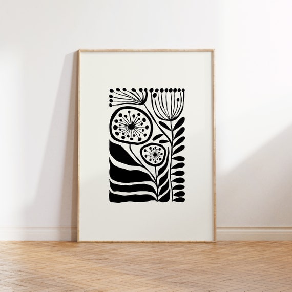 Dark Flowers Abstract Floral Poster, Black and White