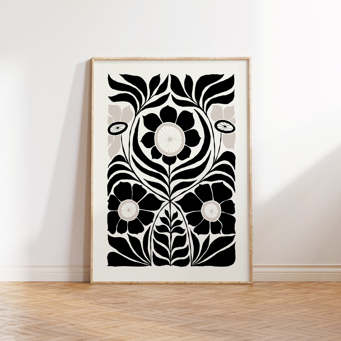 Dark Flowers Art Poster, Black And White Floral