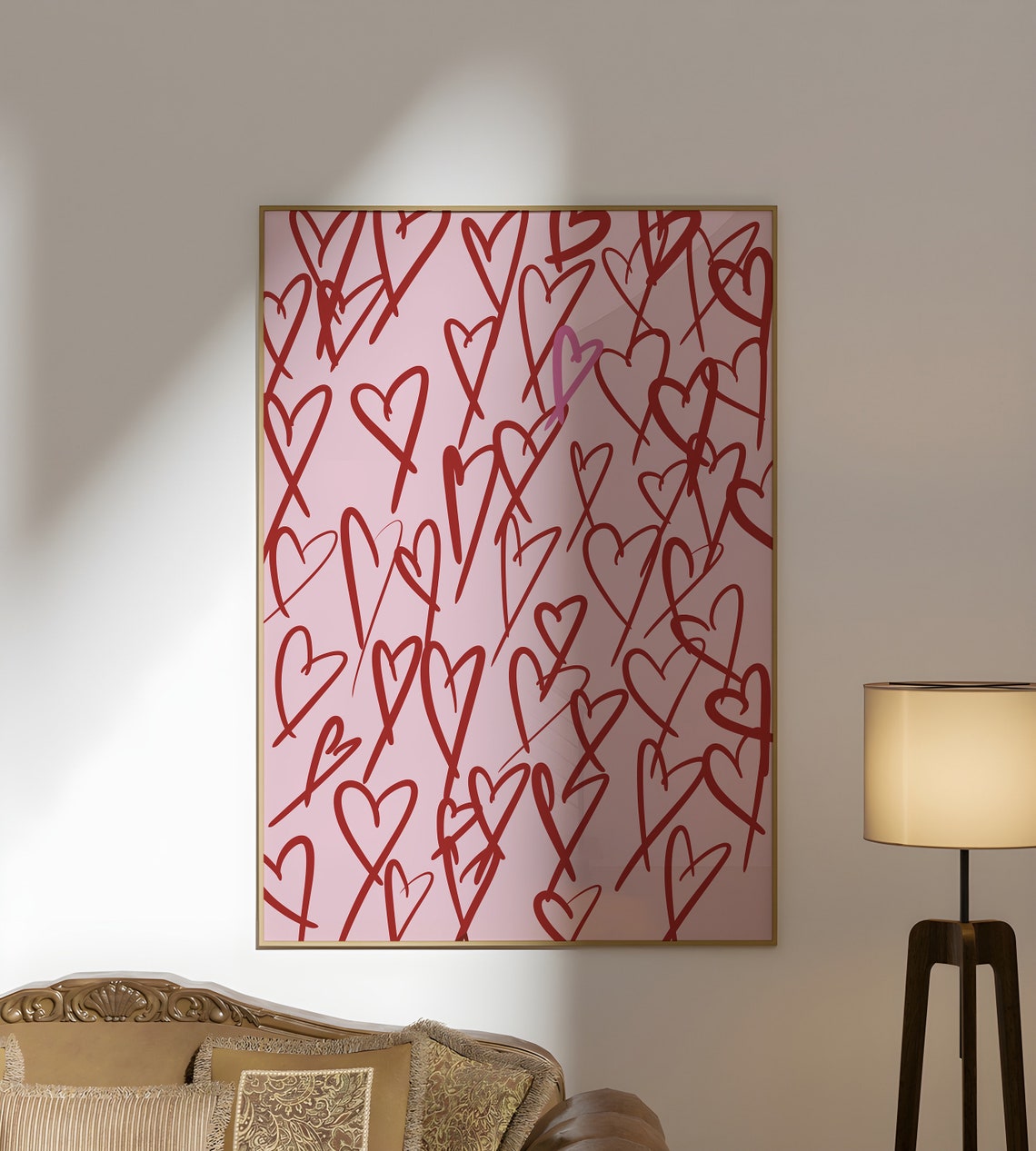 Sweet Red Scribbled Hearts Doodle Pink Background Art Poster
