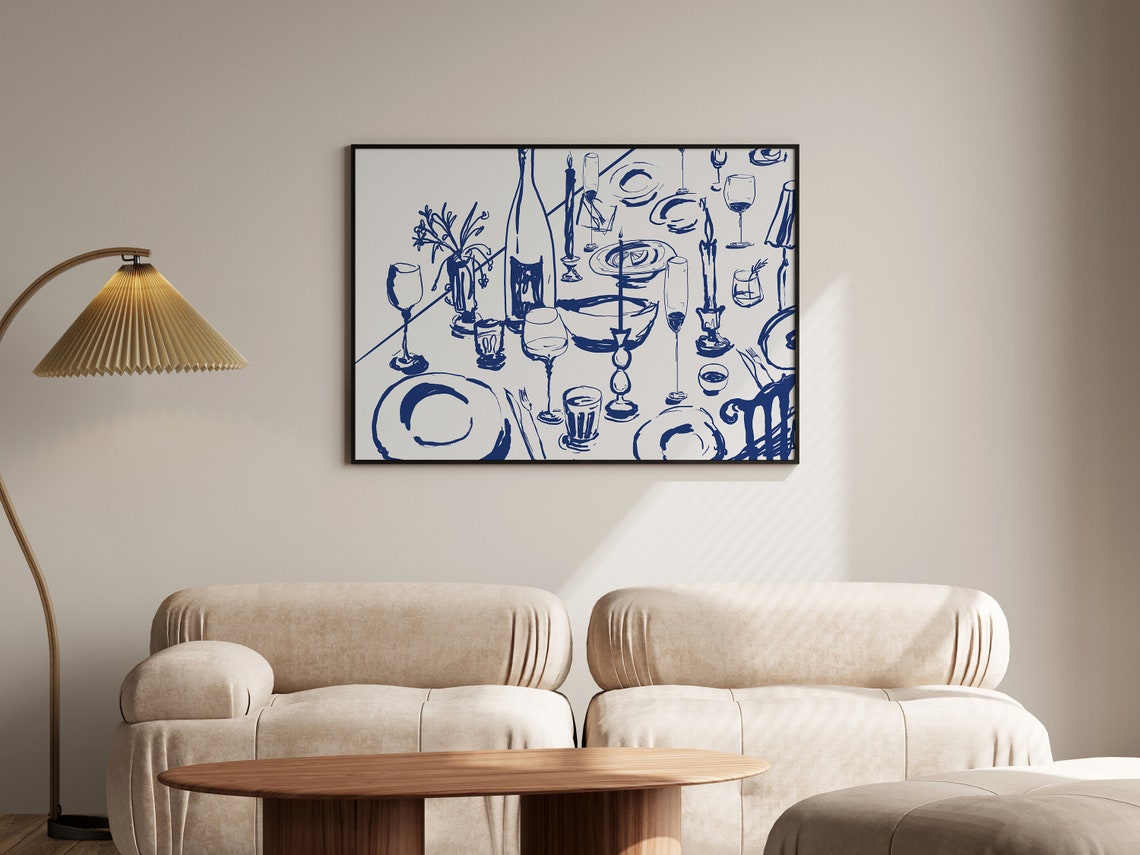 Blue Ink Dinner Table Sketch Wine Candles Wide Kitchen Poster - Image 2