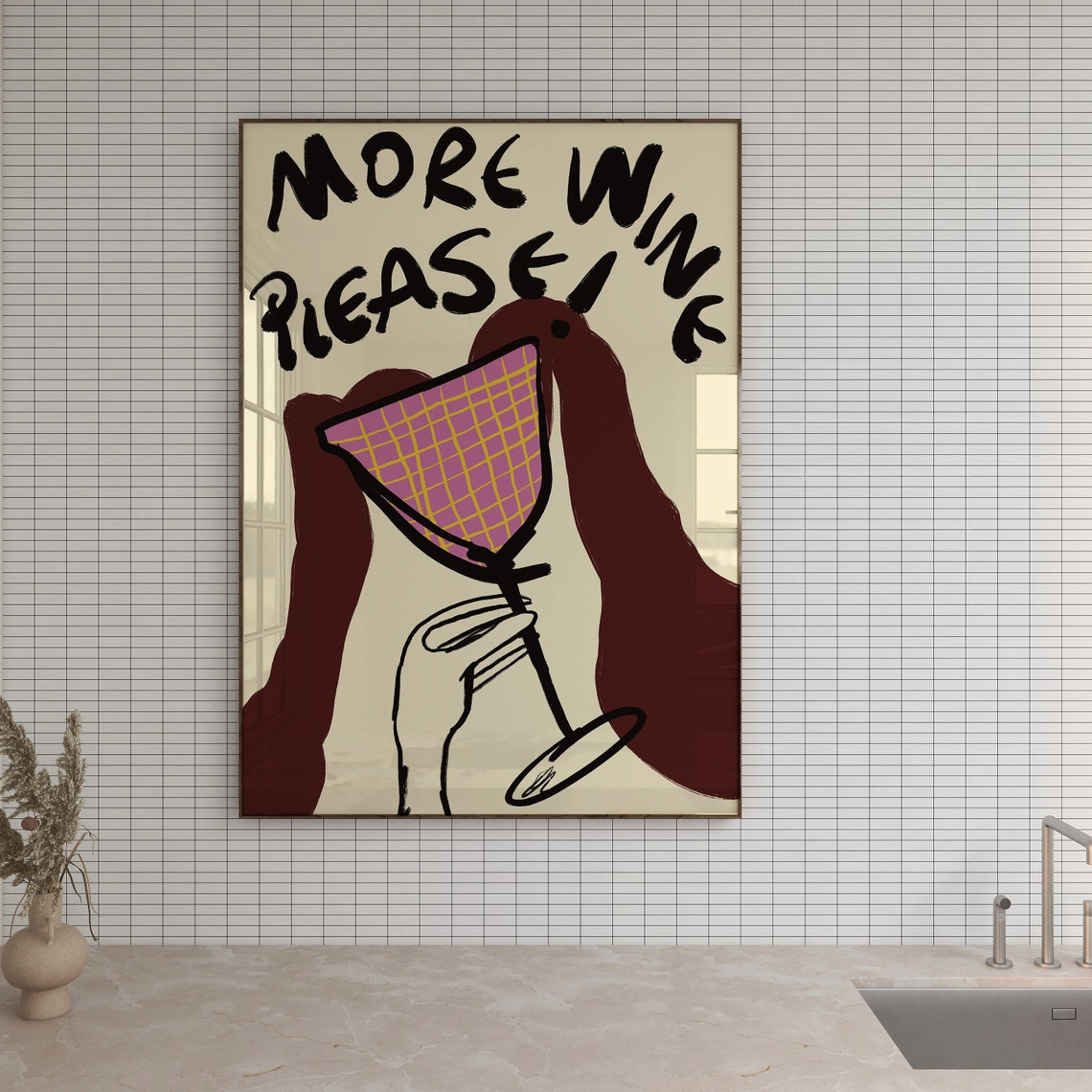 More Wine Please Hand Lettered Fun Wine Glass Bar Cart Poster - Image 3