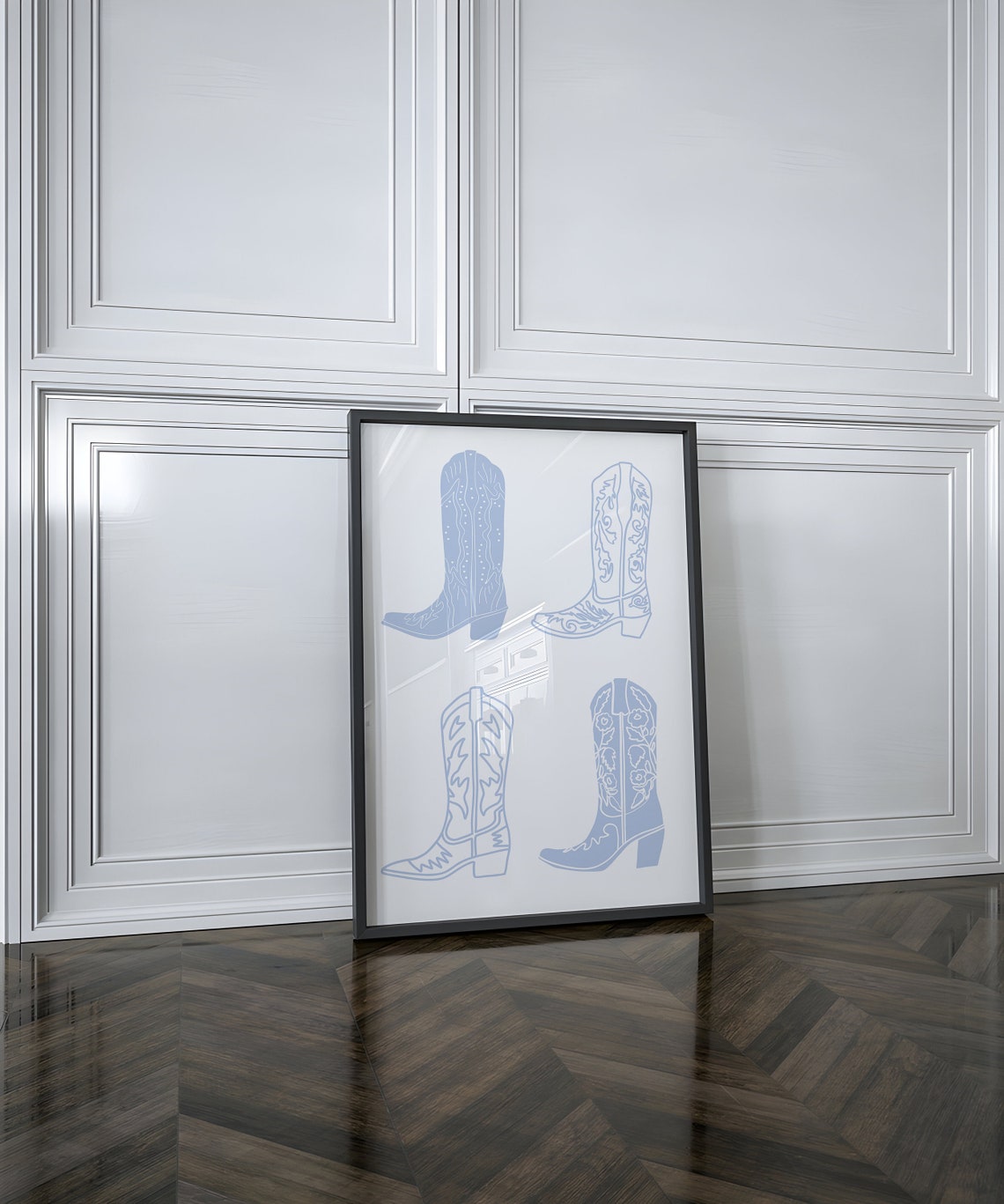 Light Blue Cowboy Boots Line Art Minimalist Western Style Poster - Image 3