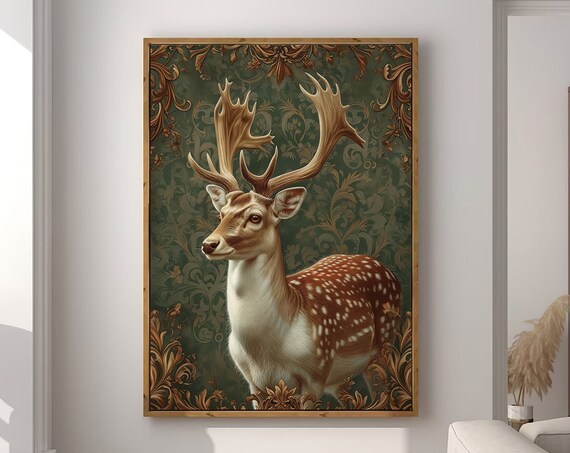Spotted Deer Stag Portrait on Green Baroque Damask Style Poster