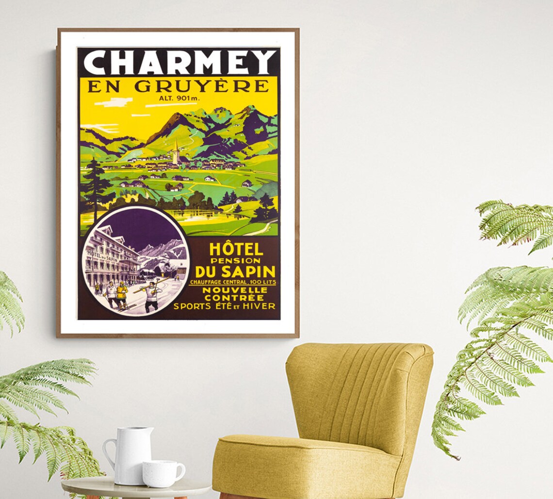 Charmey En Gruyere Switzerland Hotel Du Sapin Alpine Village Vintage Travel Poster - Image 2