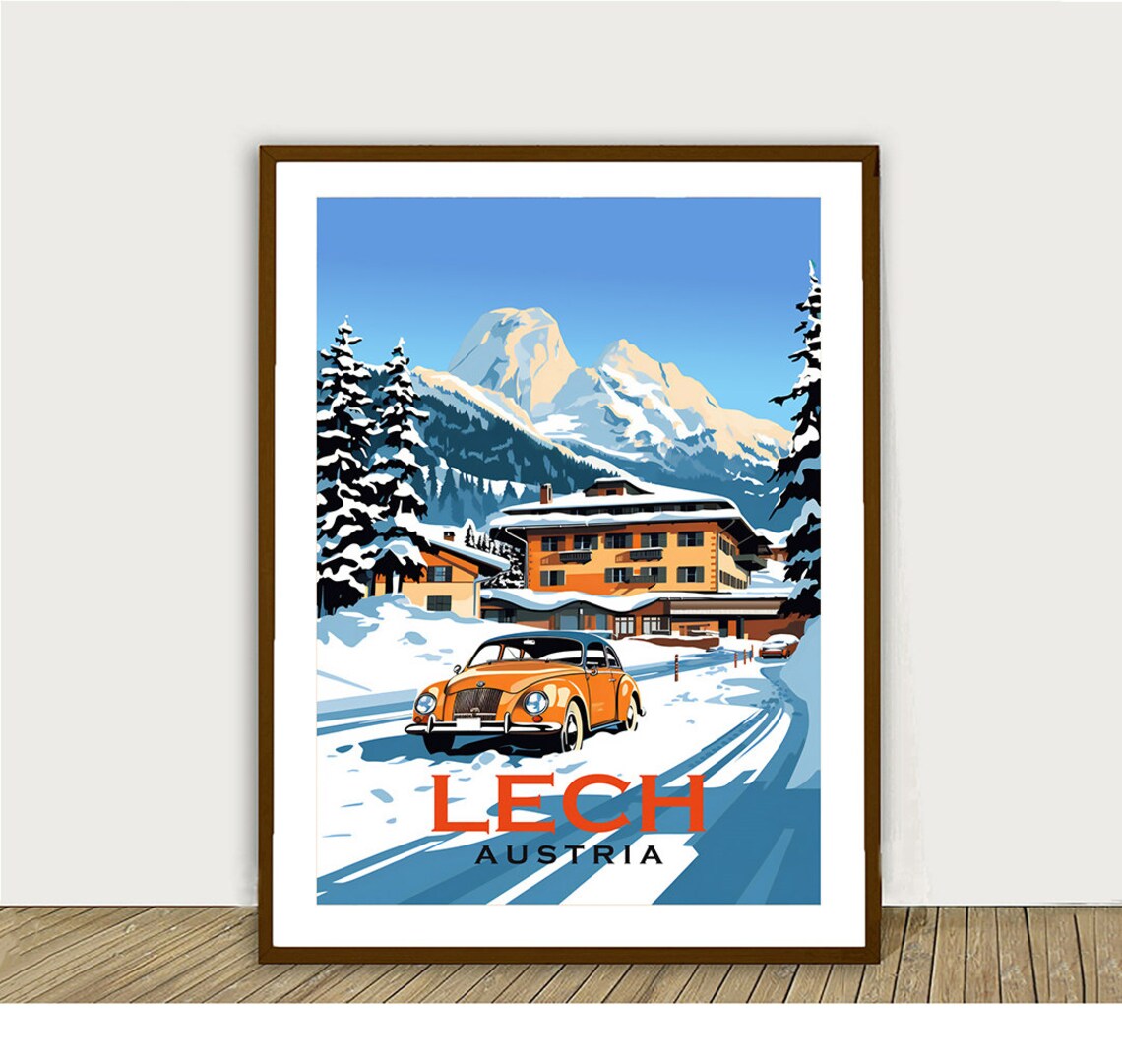 Lech Austria Vintage Car Snowy Alpine Road Winter Travel Poster - Image 3