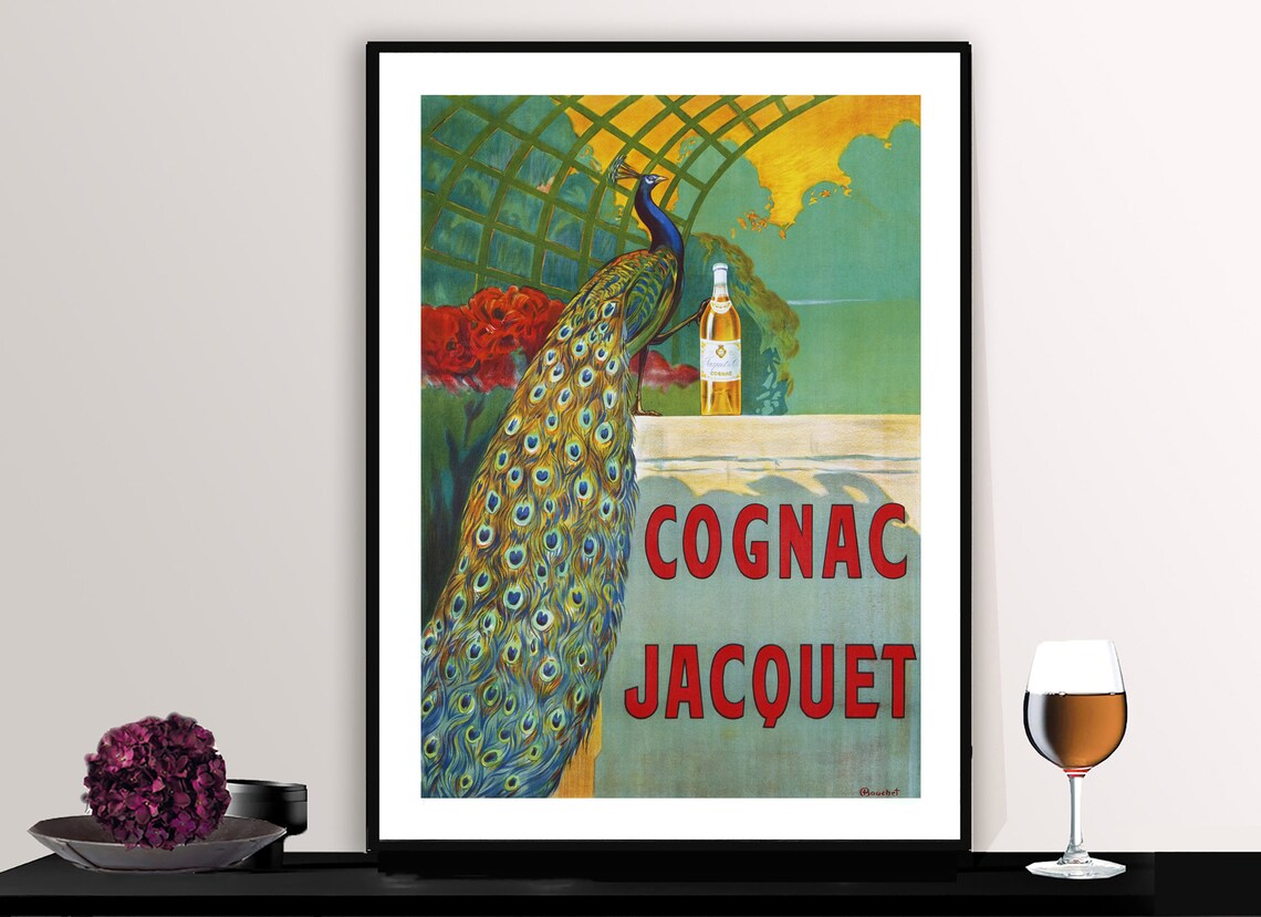 Cognac Jacquet Peacock Bottle Ledge Elegant Vintage Ad Poster