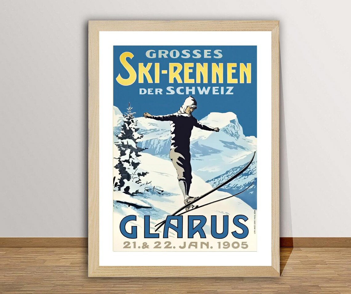 Glarus Grosses Ski Rennen Der Schweiz Vintage Poster