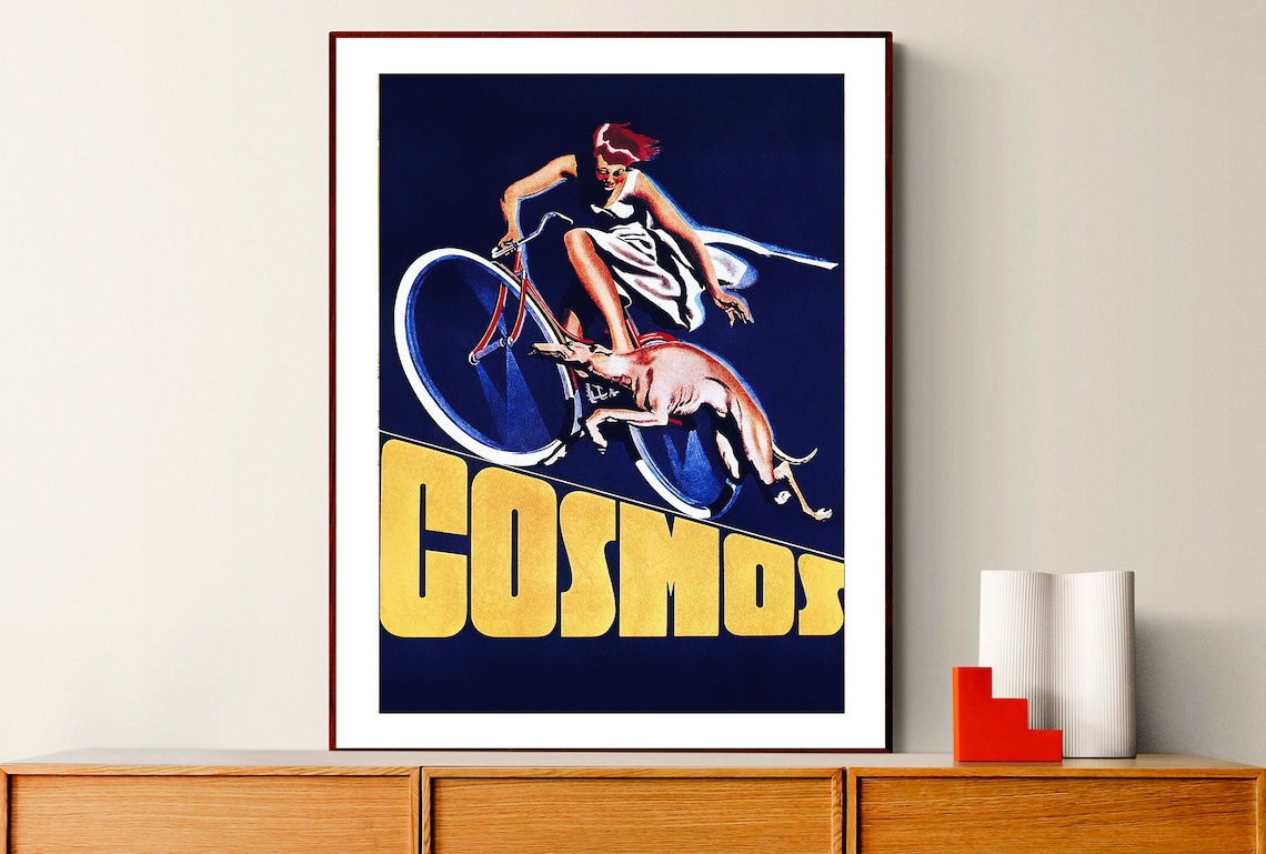 Cosmos Bicycles Woman Riding Bike with Dog Vintage French Ad Poster