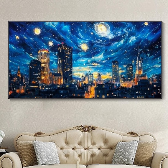 Starry Night City Skyline Swirling Blue Sky Night Lights Painting Art Wall Poster